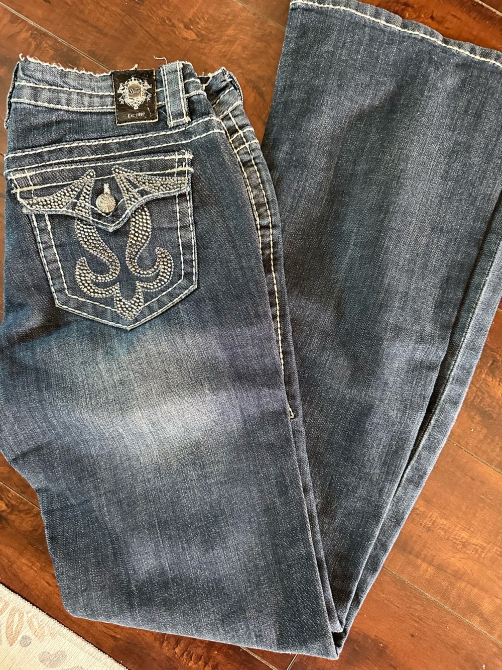 Cello Dark Wash Flare Jeans with White Embroidered Pockets